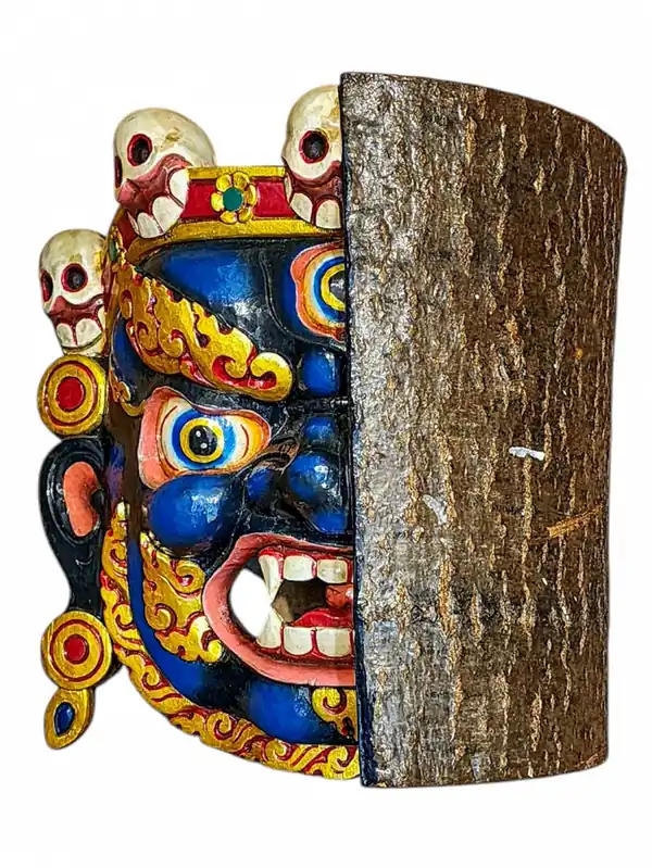 Masque en bois de demi-Bhairav, suspension murale