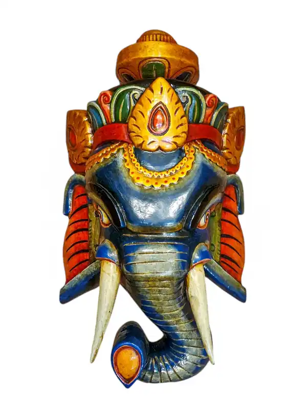 Masque en bois de Ganesh, fait à la main, suspension murale