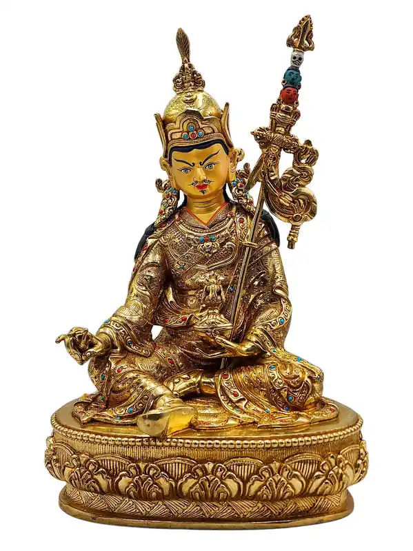 Statue en cuivre de Padmasambhava avec visage entièrement plaqué or – Créée pour l’illumination