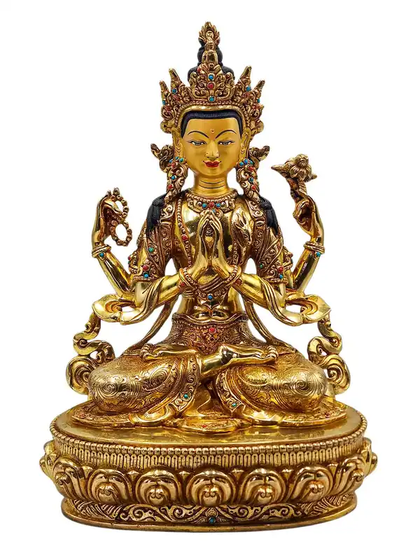 Statue en cuivre de Chenrezig avec un visage doré