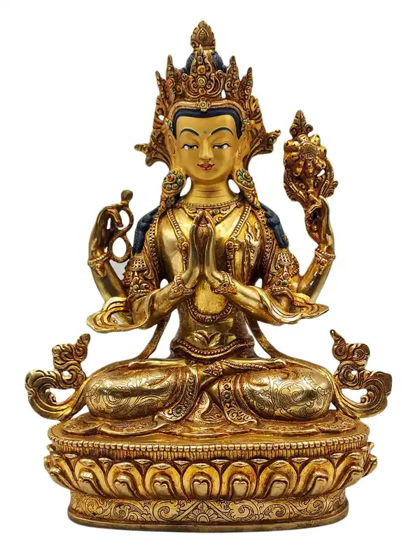 Statue en cuivre de Chenrezig – Visage plaqué or, incarnant la compassion et la protection
