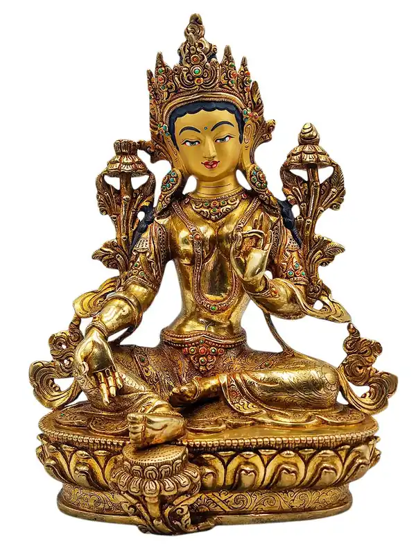 Statue de la Tara Verte – Cuivre avec visage doré