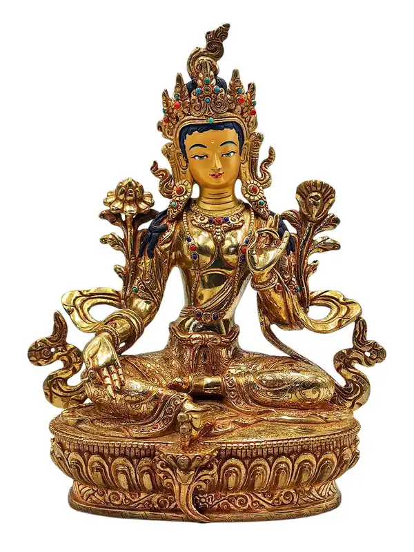 Statue en cuivre de Tara Verte avec un visage plaqué or