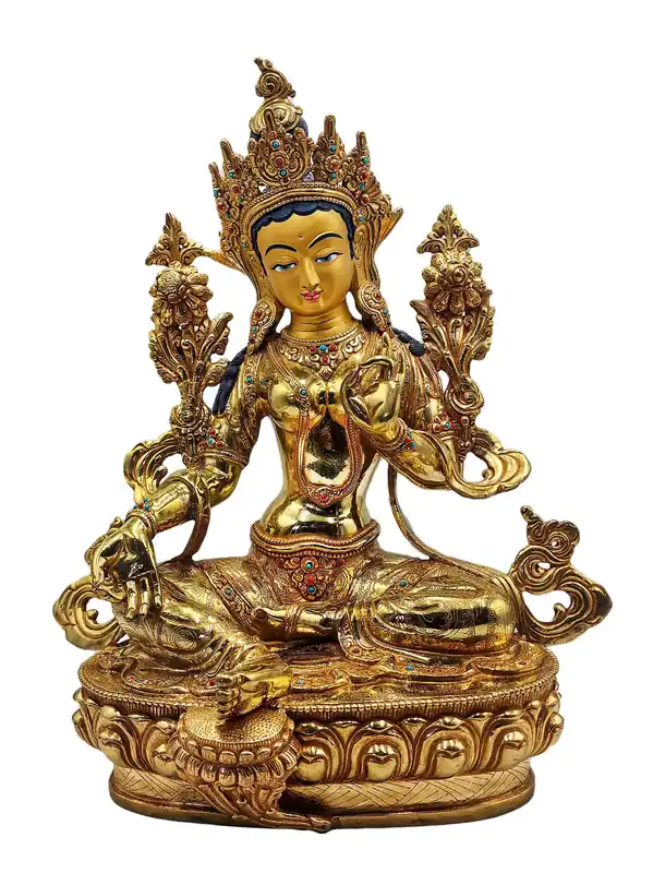 Statue en cuivre de Tara Verte – Artisanale, 35 cm, Emblème de la Compassion et de l’Action Rapide