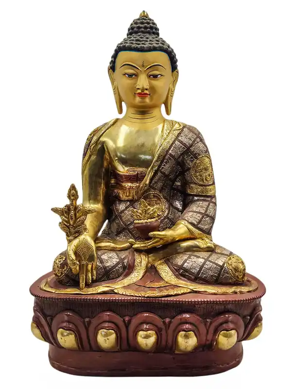 Bouddha de Médecine en cuivre avec visage plaqué or