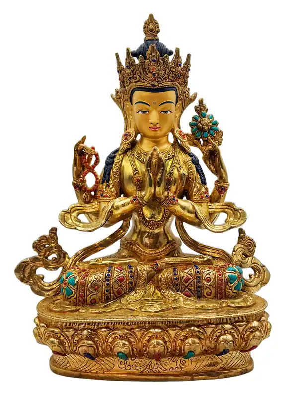 Statue en cuivre de Chenrezig avec un visage plaqué or – Bodhisattva de la compassion