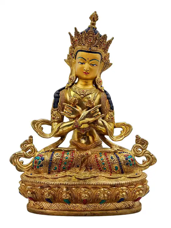Statue en cuivre de Vajradhara – Visage entièrement plaqué or et réglages en pierre peinte intriqués