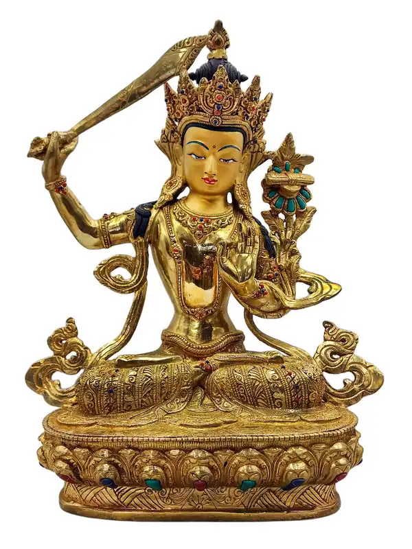 Statue en cuivre de Manjushri avec un visage plaqué or