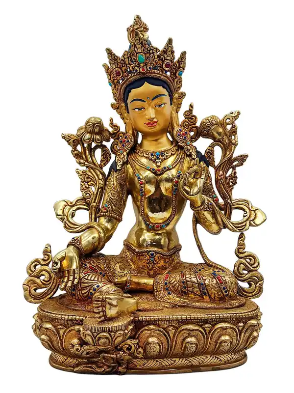 Statue de Tara Verte – Cuivre avec visage doré