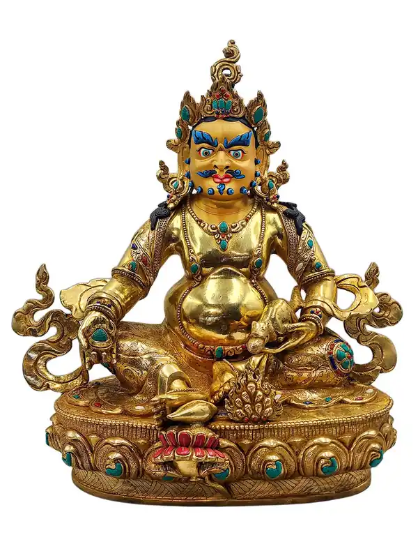 Statue en cuivre de Jambhala jaune avec un visage en or