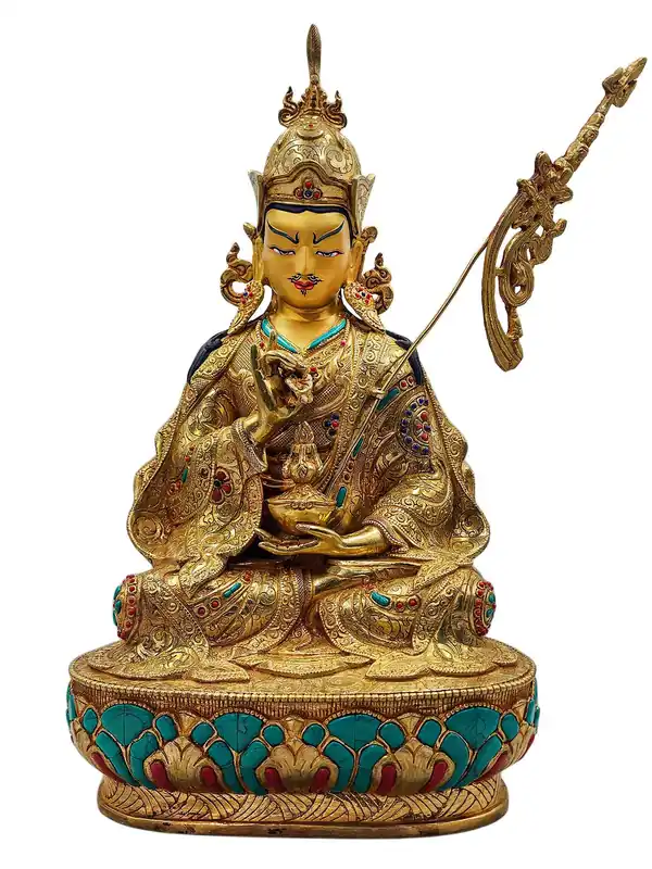 Statue en cuivre artisanale de Padmasambhava avec visage entièrement plaqué en or