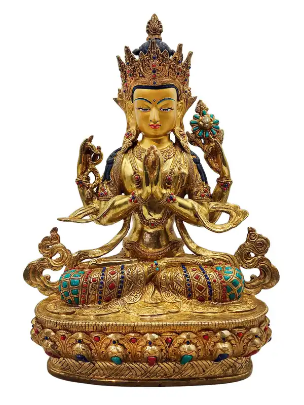 Statue de Chenrezig – Bodhisattva de la compassion, visage plaqué or, en cuivre de haute qualité, 34 cm