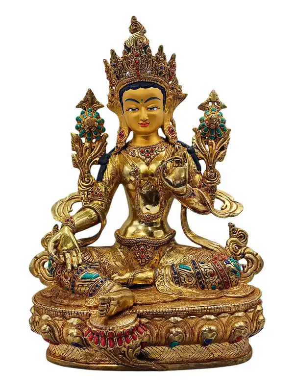 Statue de Tara Verte – Cuivre avec visage plaqué or