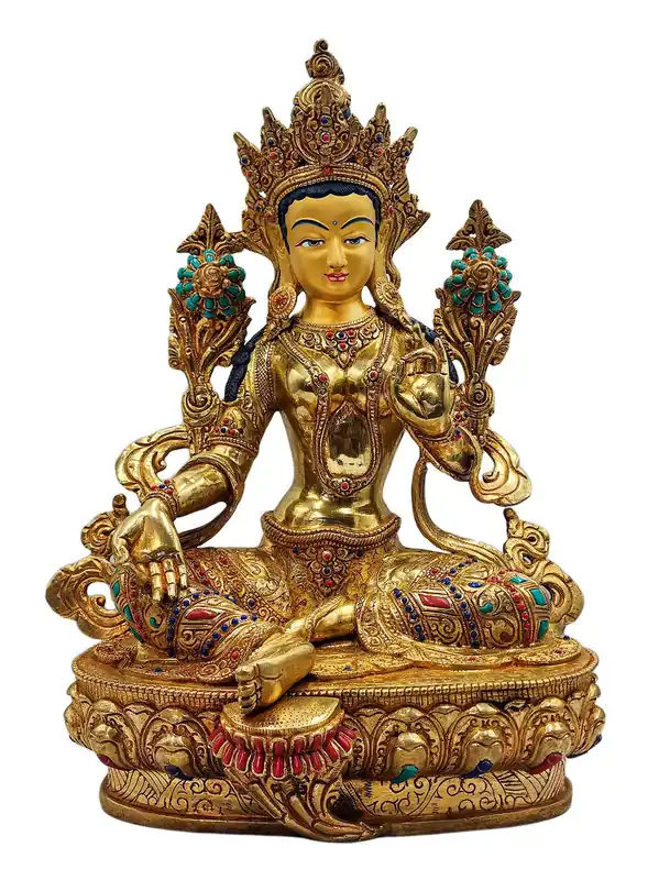 Statue de Tara Verte habilement conçue – Visage en feuille d’or, cuivre durable, 34 cm