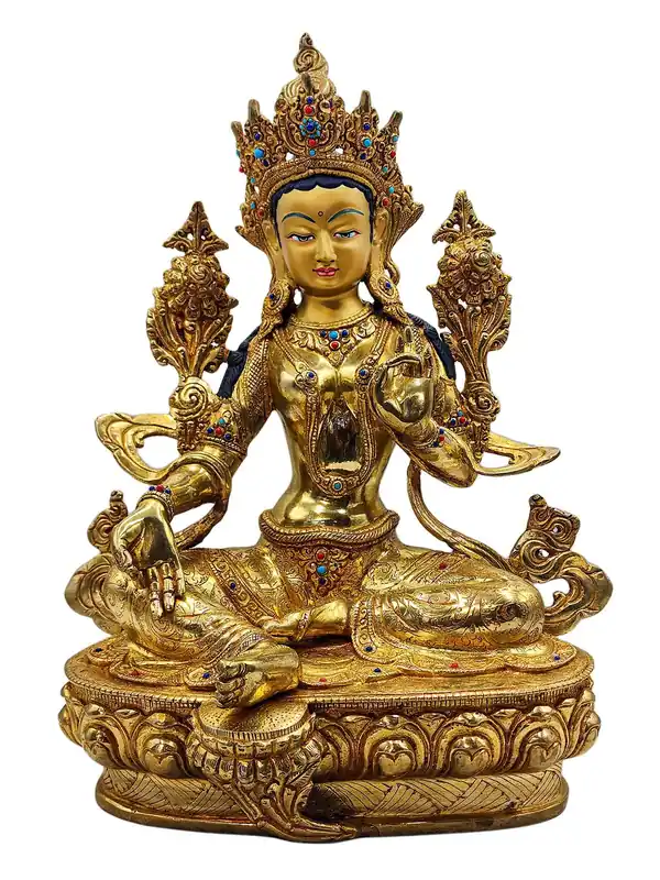 Statue en cuivre de la Tara Verte avec un visage plaqué or