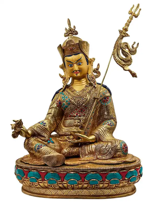 Statue en cuivre de Padmasambhava avec un visage plaqué or – L’incarnation de l’Éveil