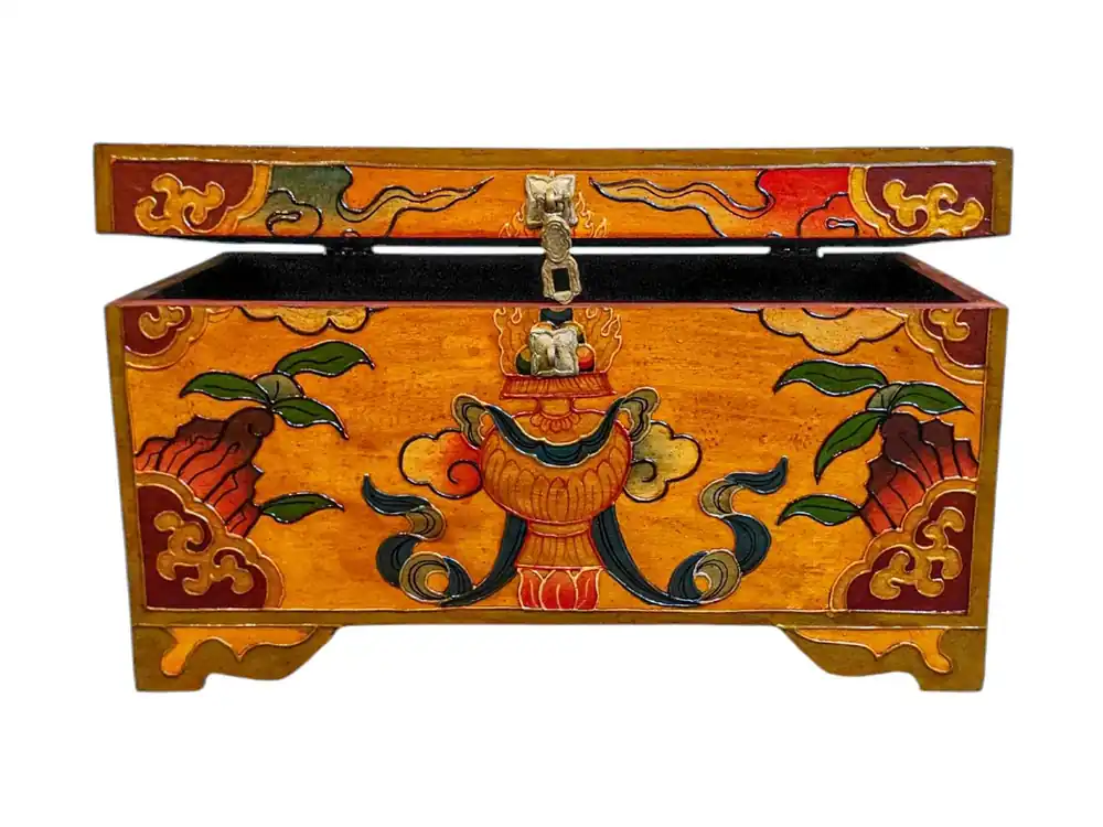 Coffre au trésor tibétain Kalasa dans des couleurs traditionnelles