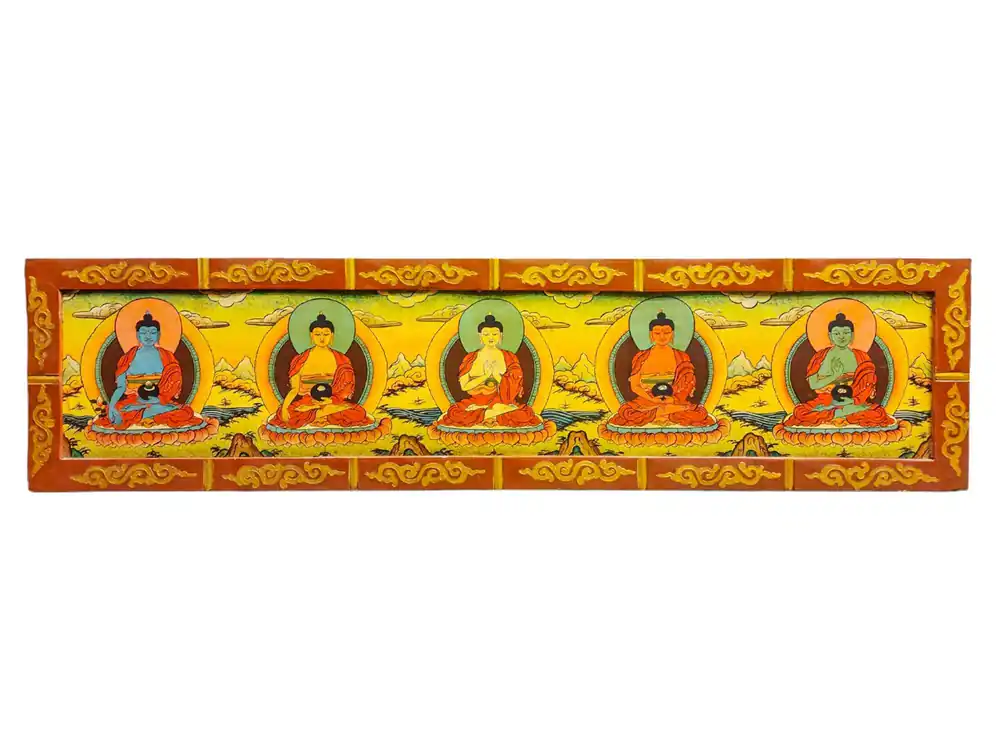 Panneau mural en bois des Pancha Bouddhas