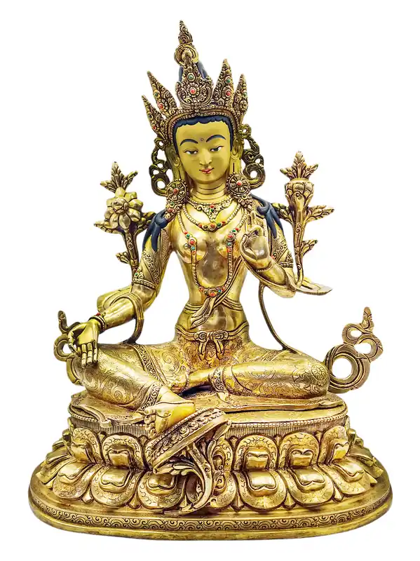 Statue en cuivre de la Tara Verte avec un visage plaqué or