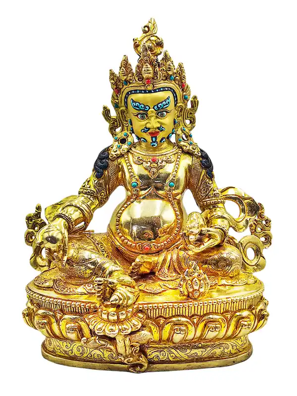 Statue en cuivre de Jambhala jaune avec visage plaqué or