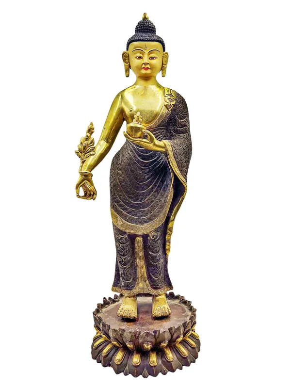 Statue de Bouddha Médecin en cuivre debout – Plaqué or à moitié