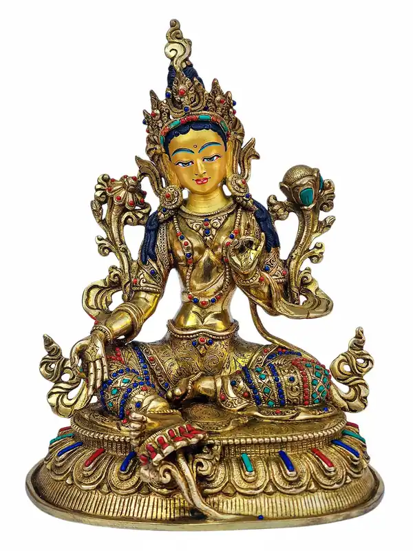 Statue en cuivre de Tara Verte avec visage en or