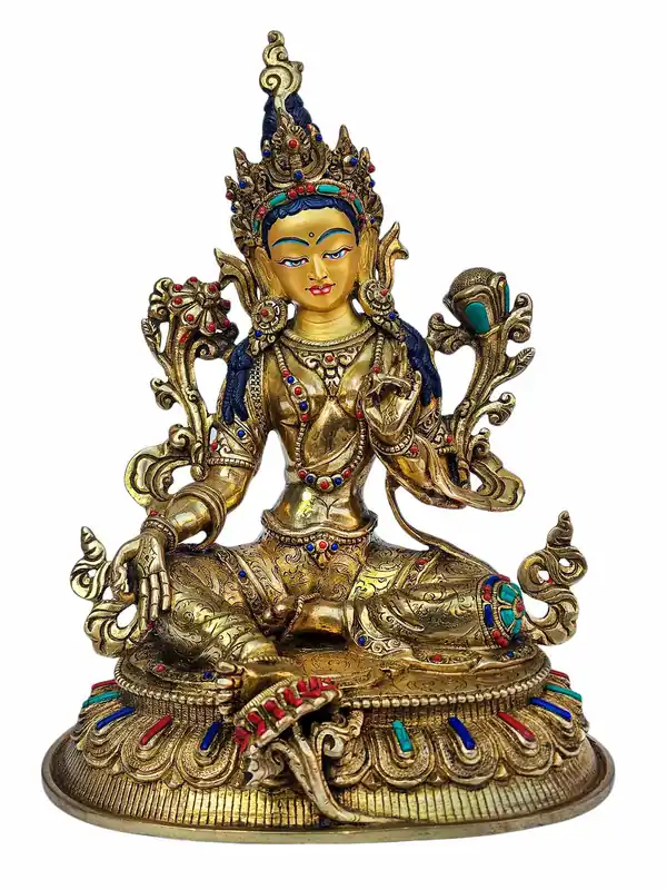 Statue en cuivre de Tara Verte avec un visage plaqué or – Symbole de Compassion et de Protection