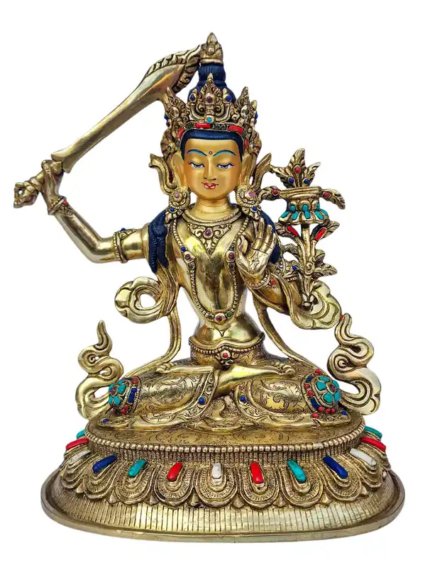 Statue de sagesse en cuivre doré de Manjushri