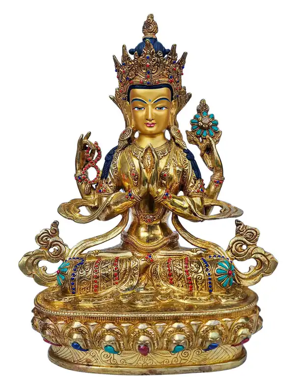Statue de Chenrezig de la Compassion – Visage plaqué or, pierre peinte, cuivre de haute qualité