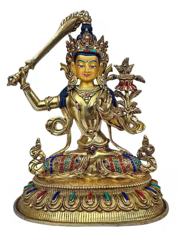Statue de Manjushri plaquée or : Sculpture du Bouddha de la sagesse avec une épée pénétrante