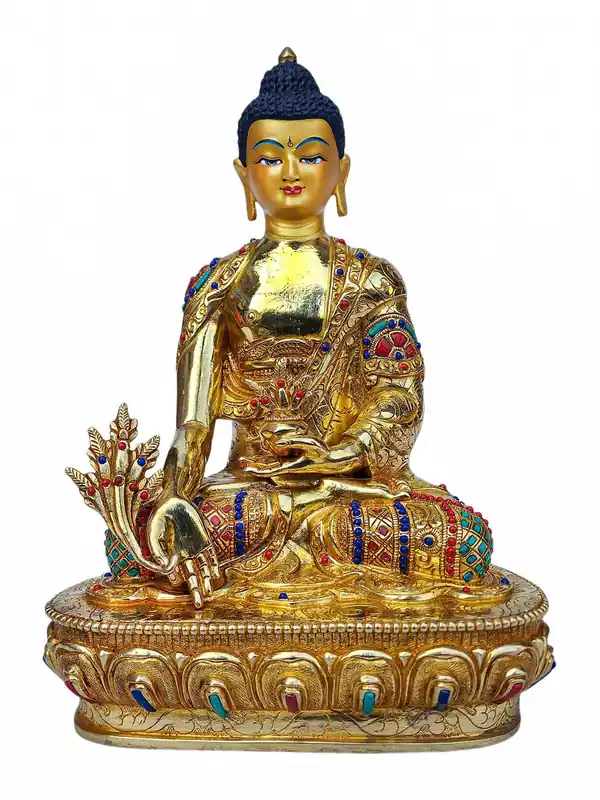 Statue en cuivre du Bouddha de la Médecine avec visage plaqué or