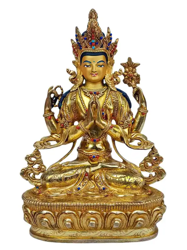 Statue de Chenrezig faite main – Visage plaqué or, cuivre, 23 cm – Bodhisattva de la Compassion