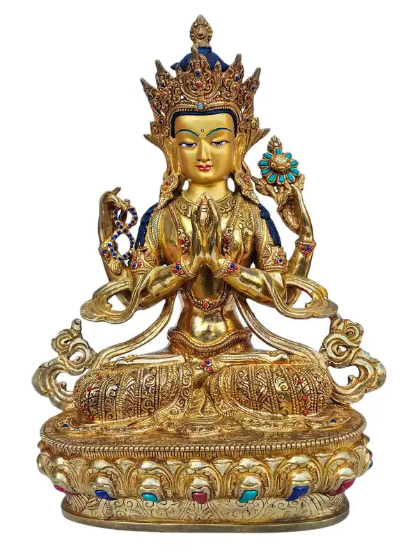 Statue en cuivre de Chenrezig – Visage doré et pierre peinte – Bodhisattva de la compassion