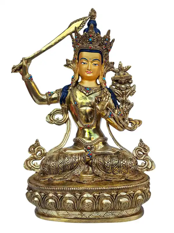 Statue de Manjushri en plaqué or avec sertissage de pierres