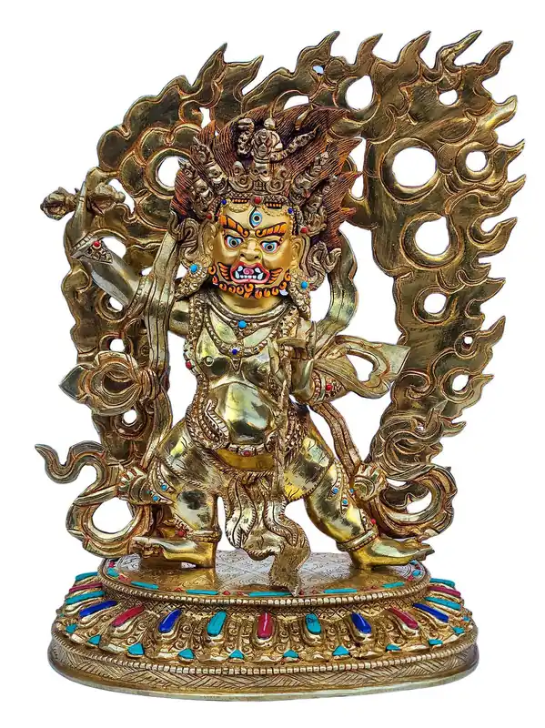 Statue en cuivre de Vajrapani – Visage plaqué or, symbole de pouvoir et d’intrépidité