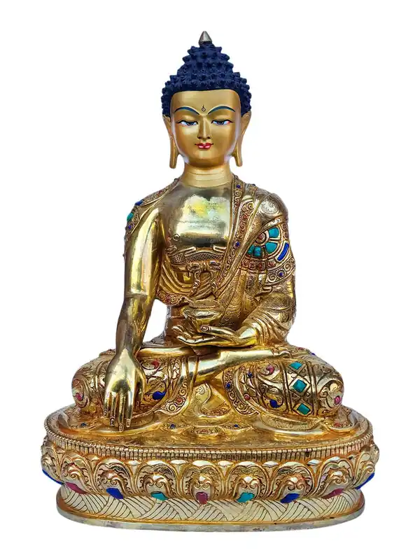 Statue de cuivre du Bouddha Shakyamuni avec un visage plaqué or sur une base en pierre peinte