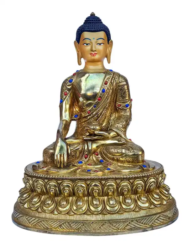 Statue en cuivre de Shakyamuni Bouddha avec visage doré et double socle