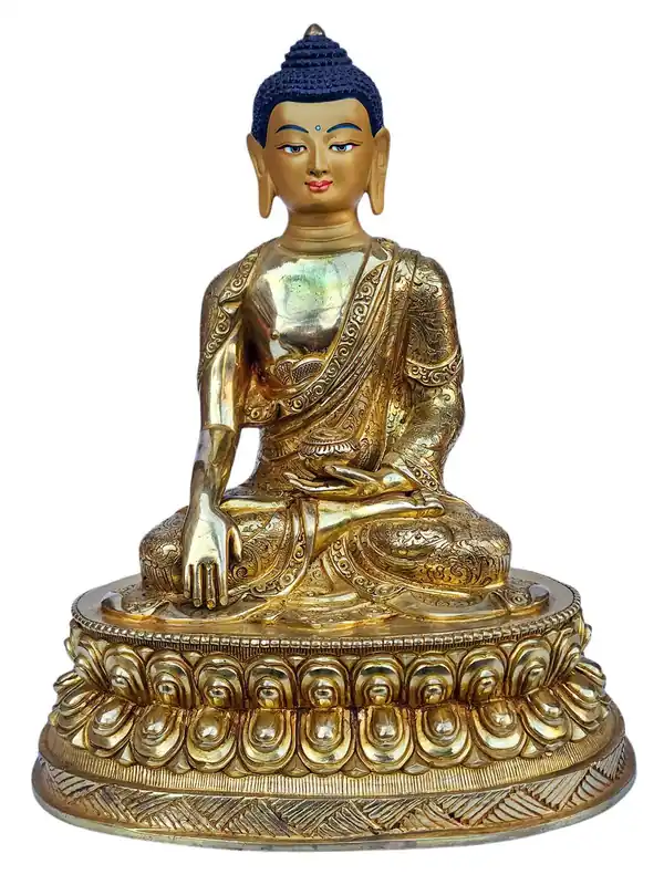 Statue de Shakyamuni Buddha – Cuivre de haute qualité, visage entièrement doré, double base