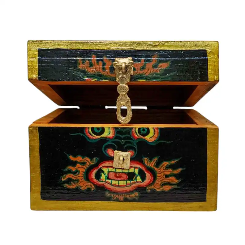 Boîte en bois tibétaine présentant le motif Citipati et des couleurs classiques