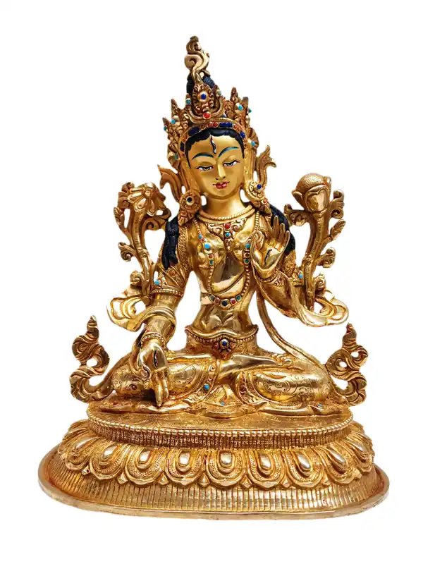 Statue en cuivre de Tara Blanche avec visage entièrement doré – Incarner la longévité et la guérison