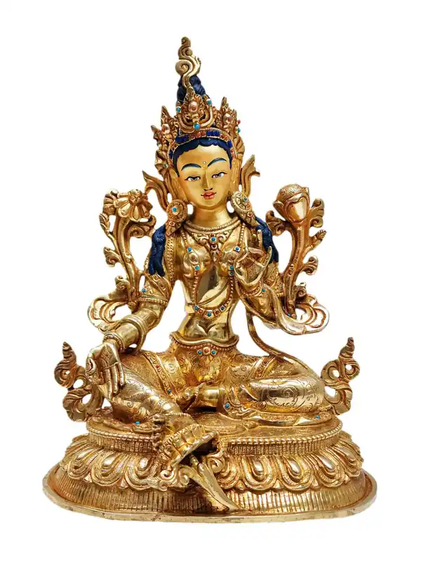 Statue de la Tara Verte Premium – Cuivre, Visage Plaqué Or, Incarnant la Compassion et la Protection