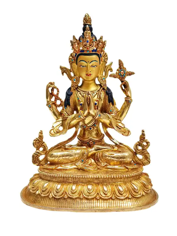 Statue en cuivre du Bodhisattva Chenrezig avec un visage doré – Incarnation de la compassion
