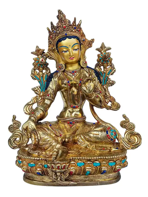 Statue de Tara Verte en cuivre de haute qualité, visage plaqué or