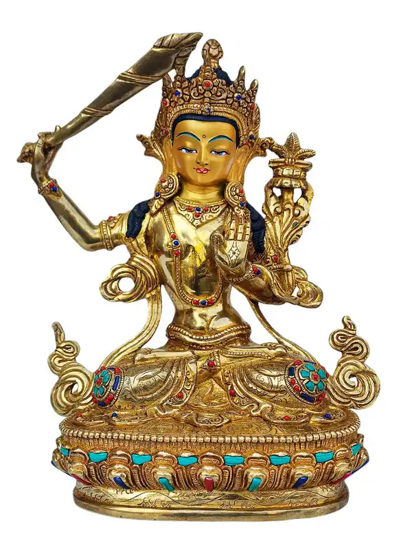 Statue de Manjushree en cuivre avec un visage doré – Incarnant la sagesse et la compassion