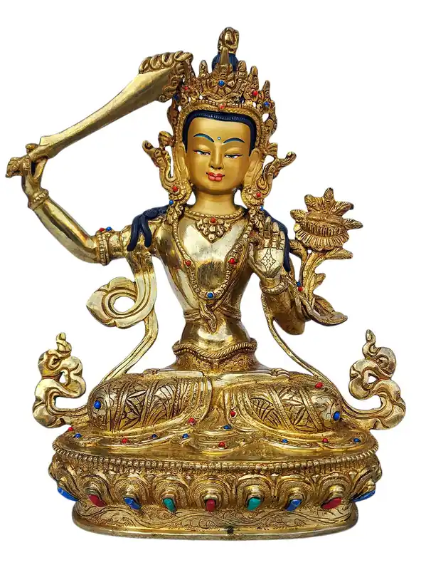 Statue en cuivre de Manjushri – Dorure à l’or, 9″
