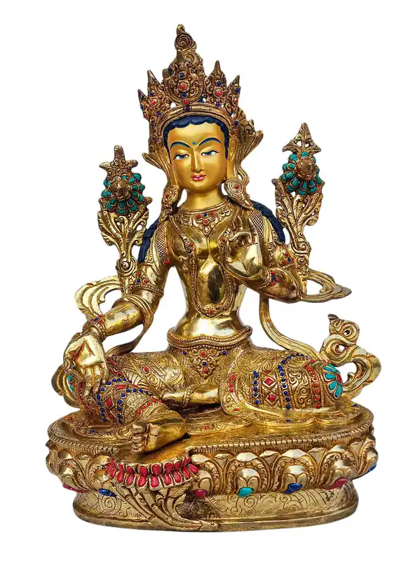 Statue de Tara Verte – Cuivre avec Visage Plaqué Or Complet et Monture en Pierre Peinte