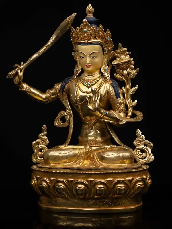 Statue de Manjushri en cuivre de 49 cm avec plaquage d’or
