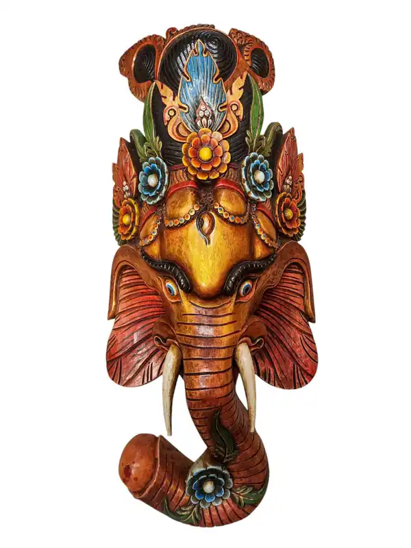 Masque mural en bois de Ganesh, fait à la main