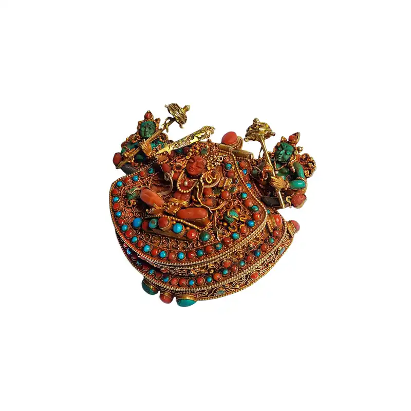 Boîte Ghau tibétaine en argent avec un design de Manjushri