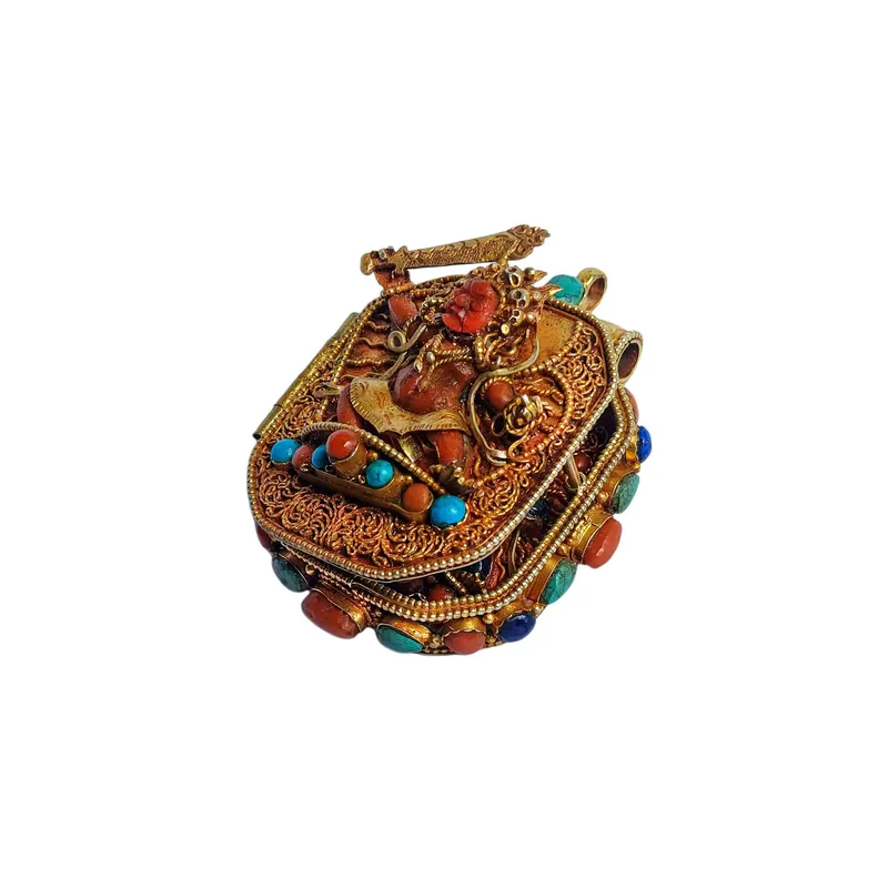 Boîte Ghau en argent tibétaine avec statue de Manjushri